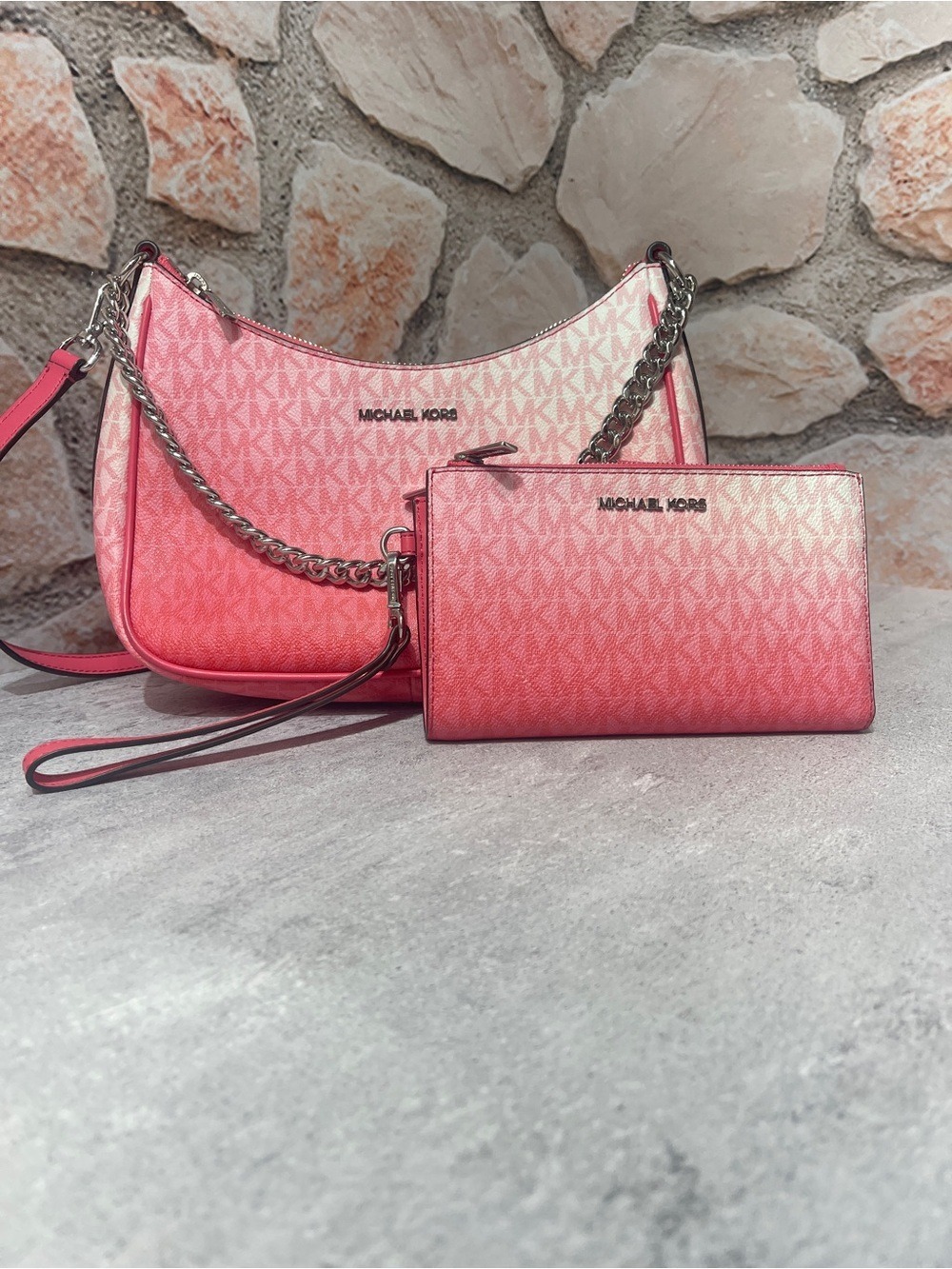 Michael Kors Pink Ombre Chain Crossbody & Matching Wallet Hibiscus